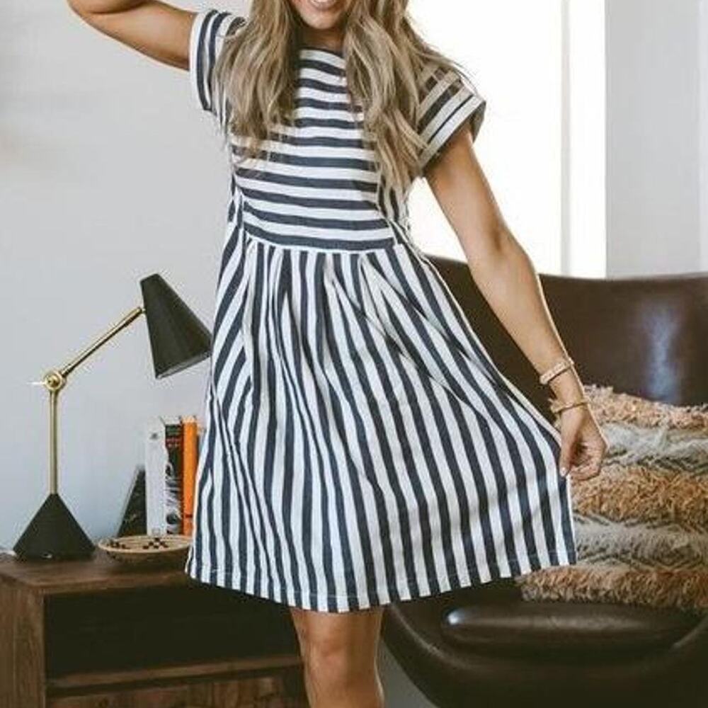 Clad & Cloth for Anthropologie navy and white striped dress